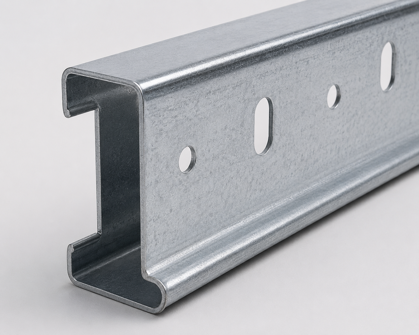 Close-up of the C-purlin profile showing gauge and finish.