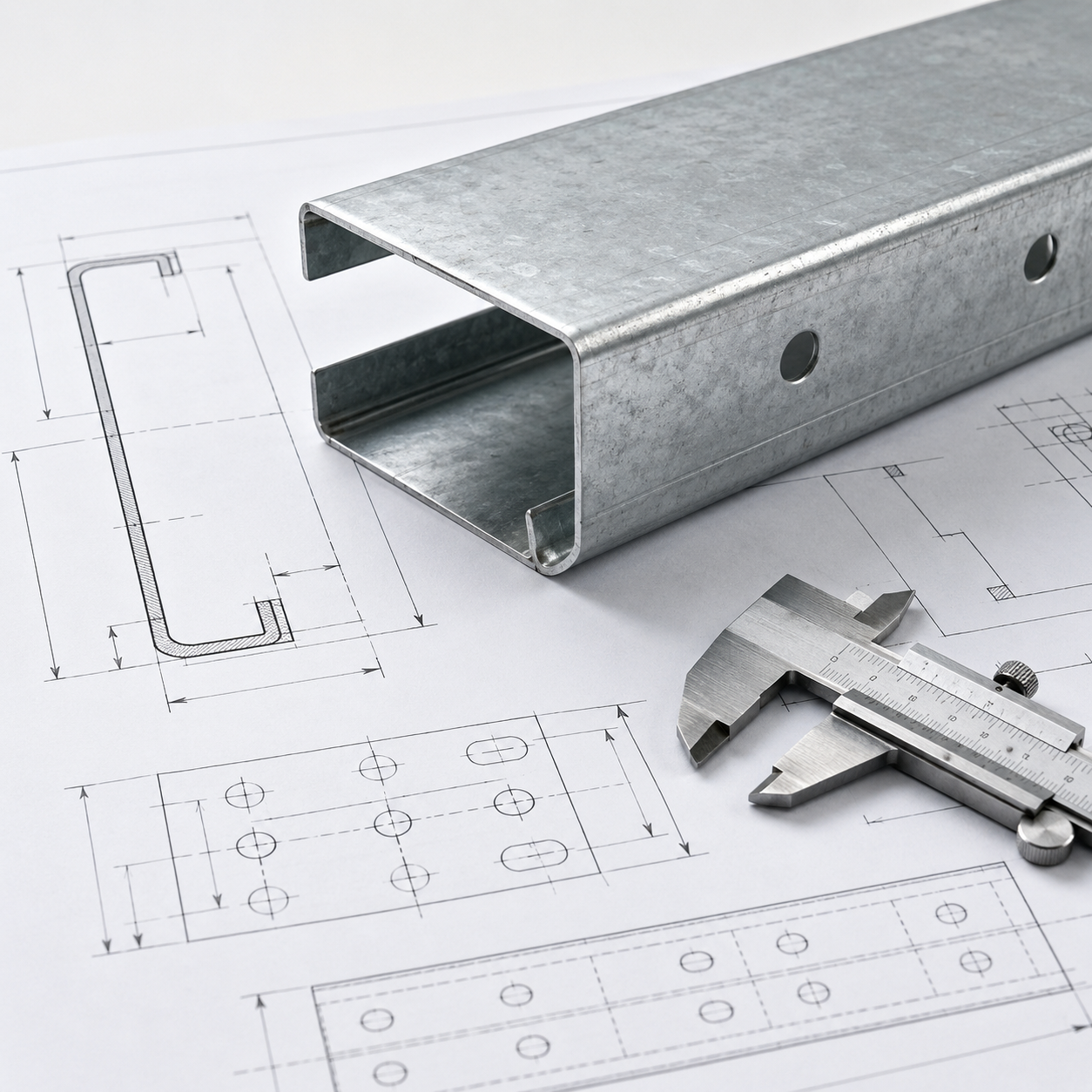 Illustration representing made-to-drawing C-purlin manufacturing.