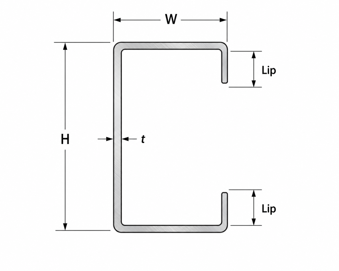Labeled cross-section diagram of the C-purlin profile.